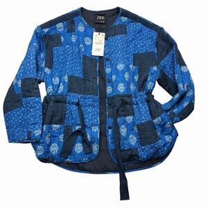ZARA Vented Quilted Patchwork Jacket Womens L Blue Floral Waist Tie Boho Indie